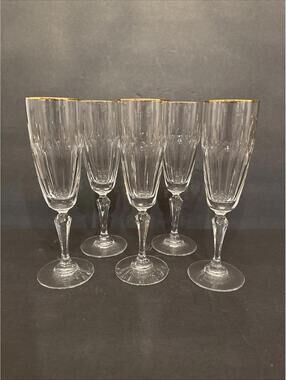 (5) Gorham Crystal Royal Devon Champagne Flute With Gold Rim Crystal 8 3/8” Tall